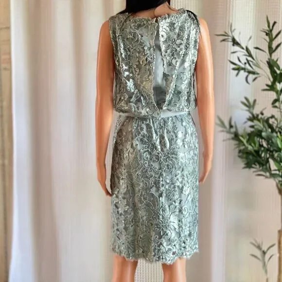 NWT Tadashi Shoji Ice Green Sequin Lace Dress Cocktail Dress Ribbon‎ Belt Size 6 - Picture 4 of 12